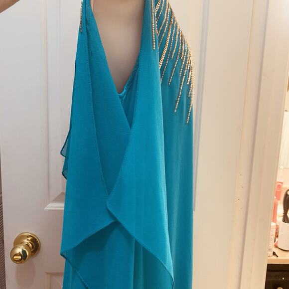 Cache NWT Aqua With Gold Beaded Sequin Chiffon Cocktail Dress Size 10 - Picture 12 of 15
